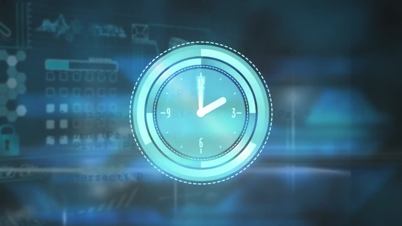 Animation of red abstract shapes over neon ticking clock and data processing against blue background