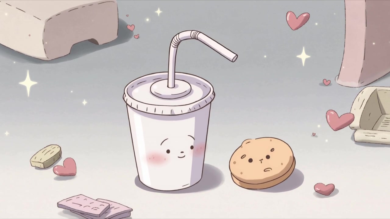 Apertura de encuadre mostrando una taza blanca para llevar y una galleta moviéndose, con una pajita doblándose en una mesa de color pastel.
