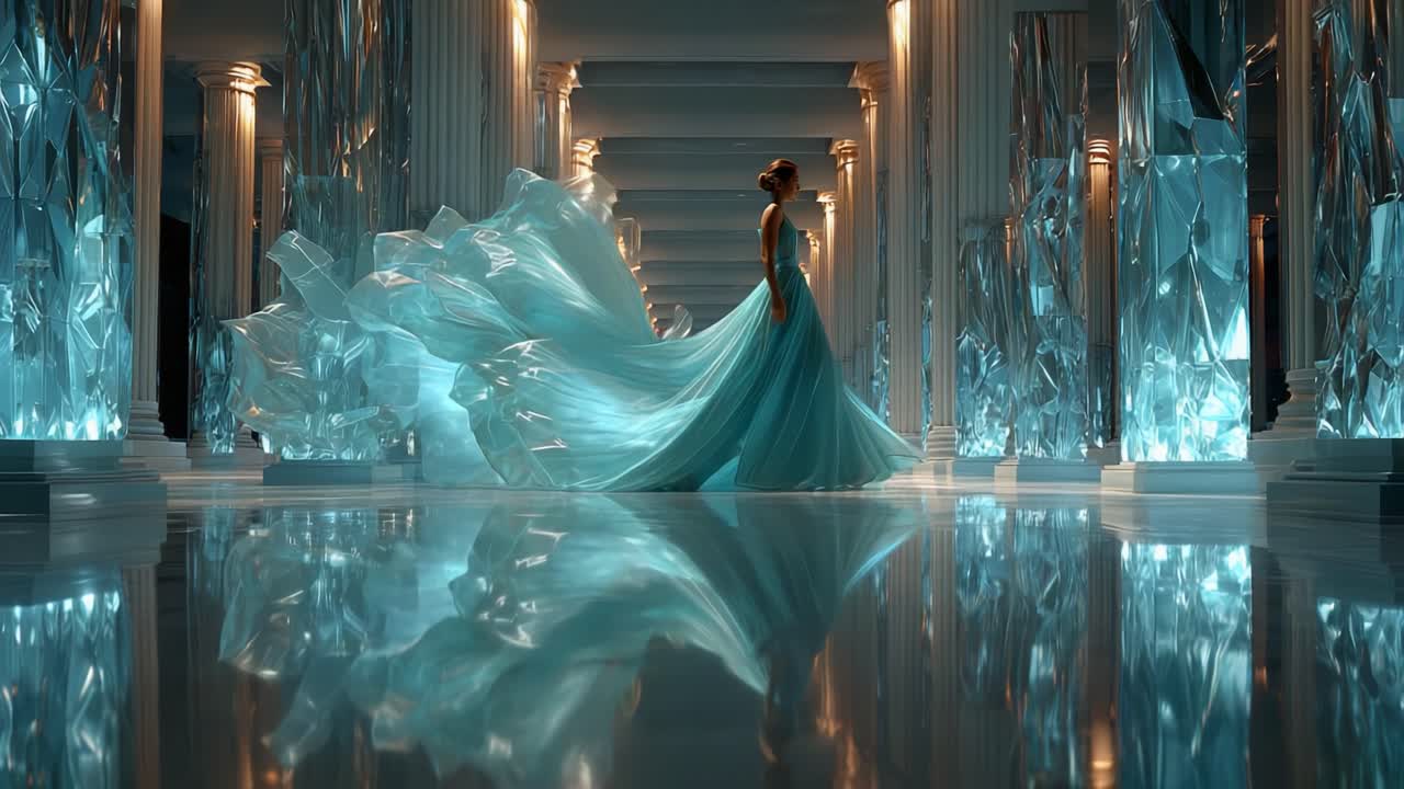 A breathtaking scene of a figure in a flowing turquoise gown, standing amidst a hall of shimmering crystalline pillars, reflecting elegance and beauty under soft ethereal lighting