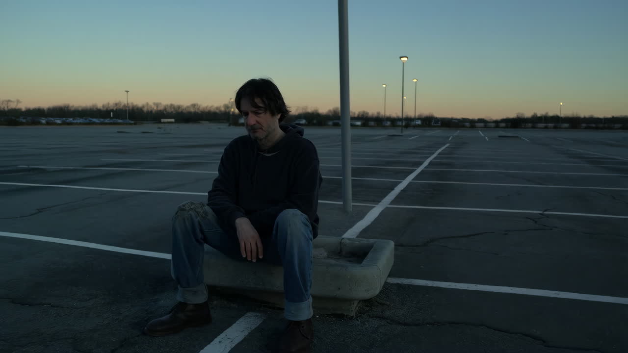 A man sits alone in an empty parking lot at twilight