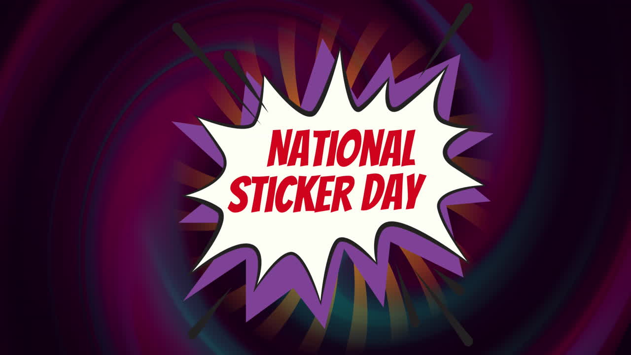 animación del texto del día nacional de las pegatinas sobre una burbuja de discurso retro contra un fondo de gradiente púrpura