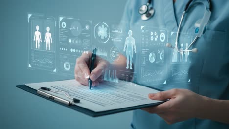 health professional documenting patient information using advanced medical technology and digital data visualization for enhanced healthcare management and decision making