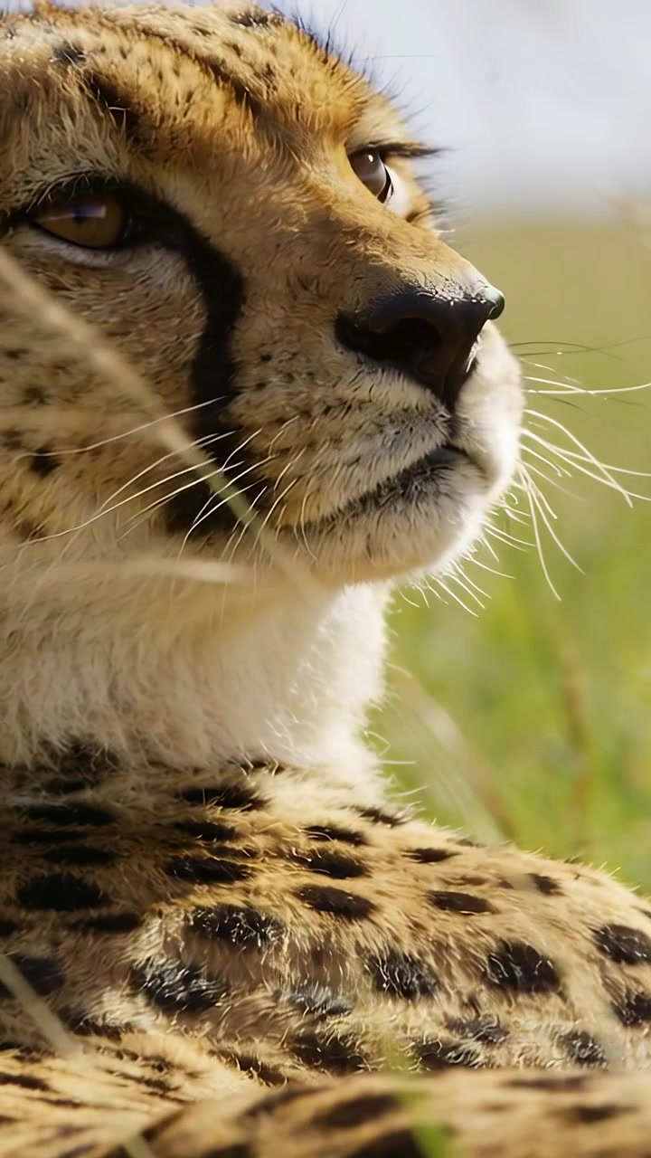 Video verticale: Erba che ondeggia, un ghepardo alza la testa, guarda verso la pianura, i baffi si muovono