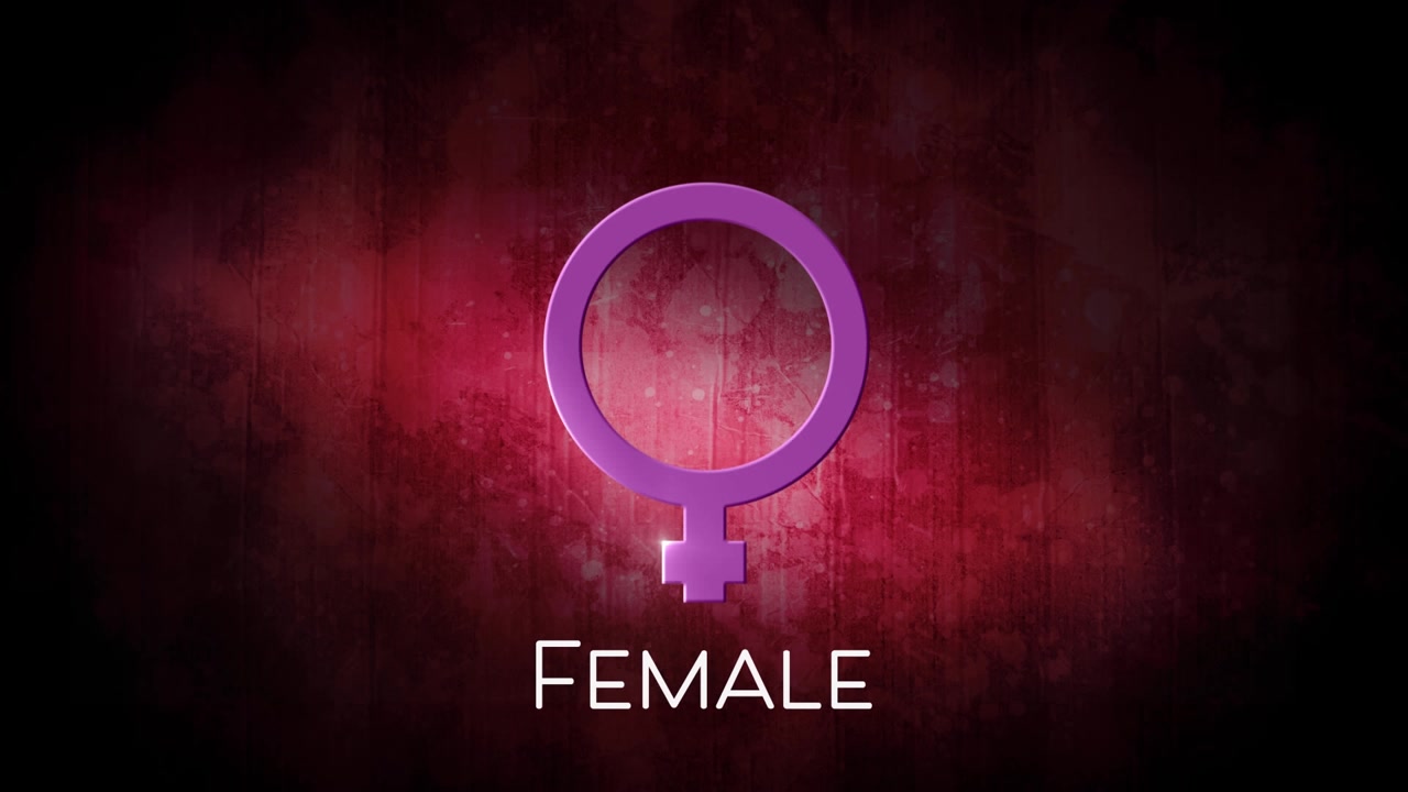 Animazione di un simbolo di genere femminile rosa con la parola 'female' su sfondo marrone, con spazio per il testo.