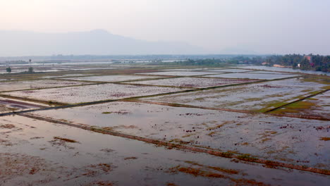 Aerial-drone-footage-moving-forward-above-salt-field-with-mountain-on-the-background-near-Kampot-in-Cambodia