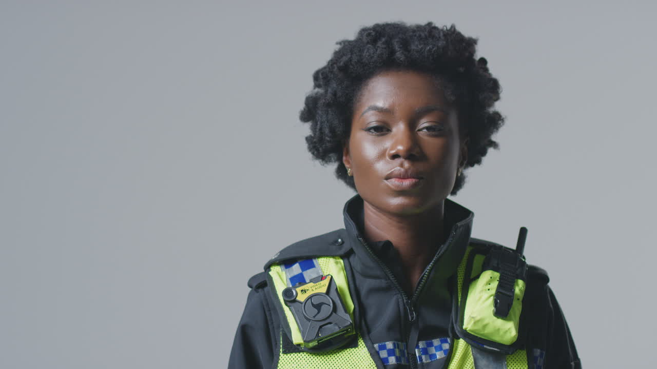 Studio Portrait Of Serious Young Female Police Officer Against Plain Background