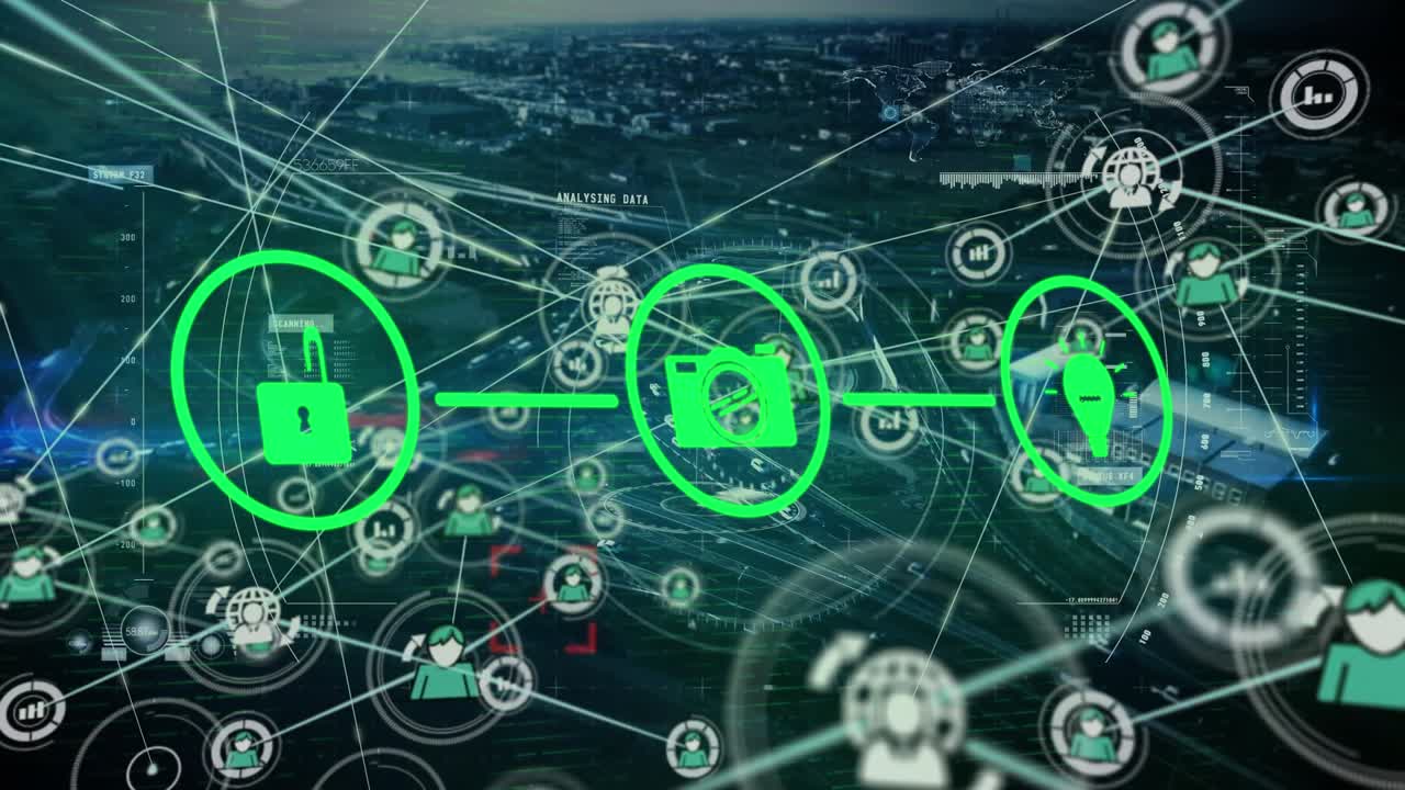 Animation of lock, camera, light bulb icons with network of connections over city