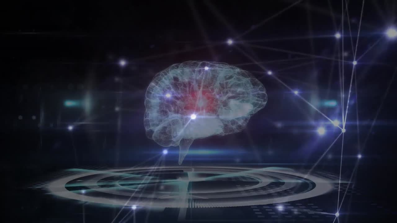 Animazione di rete di connessioni ed elaborazione dati su sfondo nero