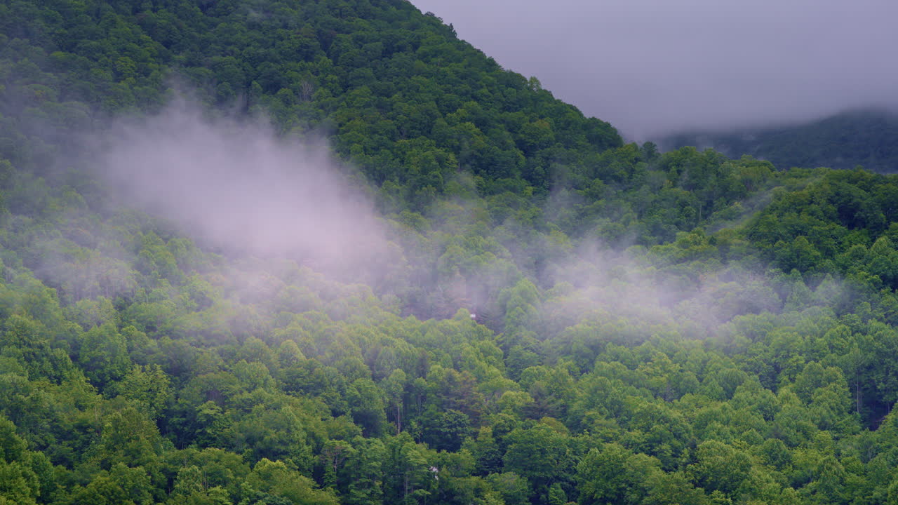 Aerial pass gliding above a peaceful, fog-layered Smokies landscape
