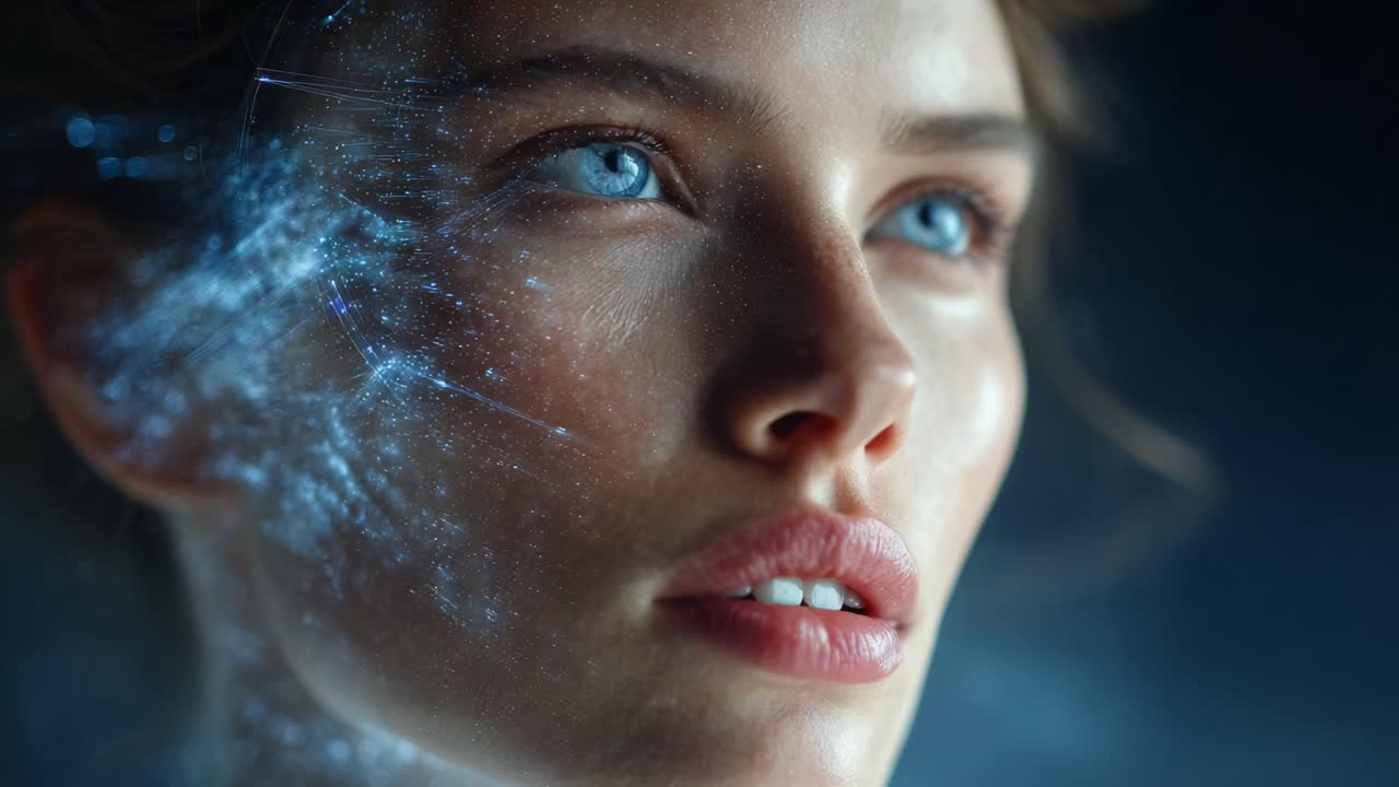 A Captivating Close-Up of a Woman's Face Illuminated by Ethereal Light and Digital Sparkles, Highlighting the Fusion of Technology and Human Emotion