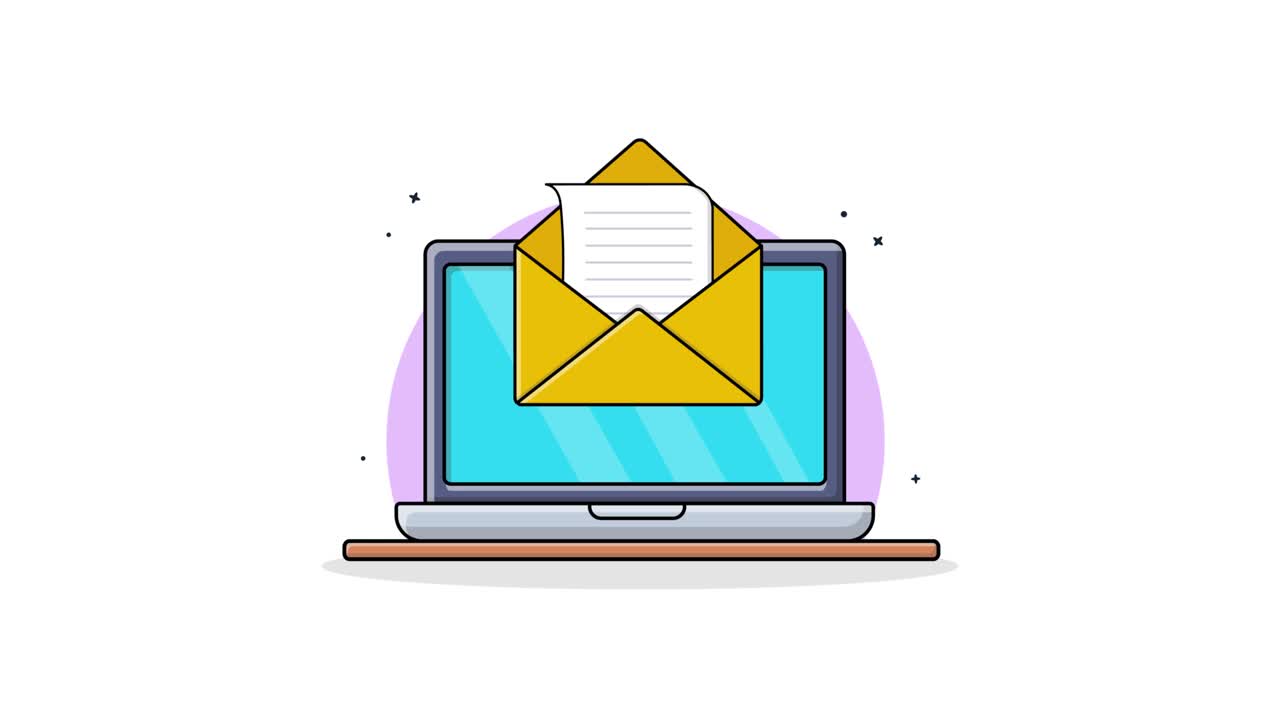 Animeret bærbar computer med indgående e-mail og notifikation med flueben