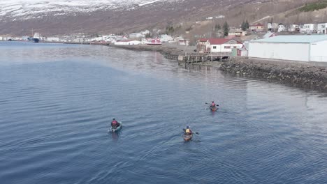 kayakers arriving back at fishing town eskifjördur in east iceland, aerial