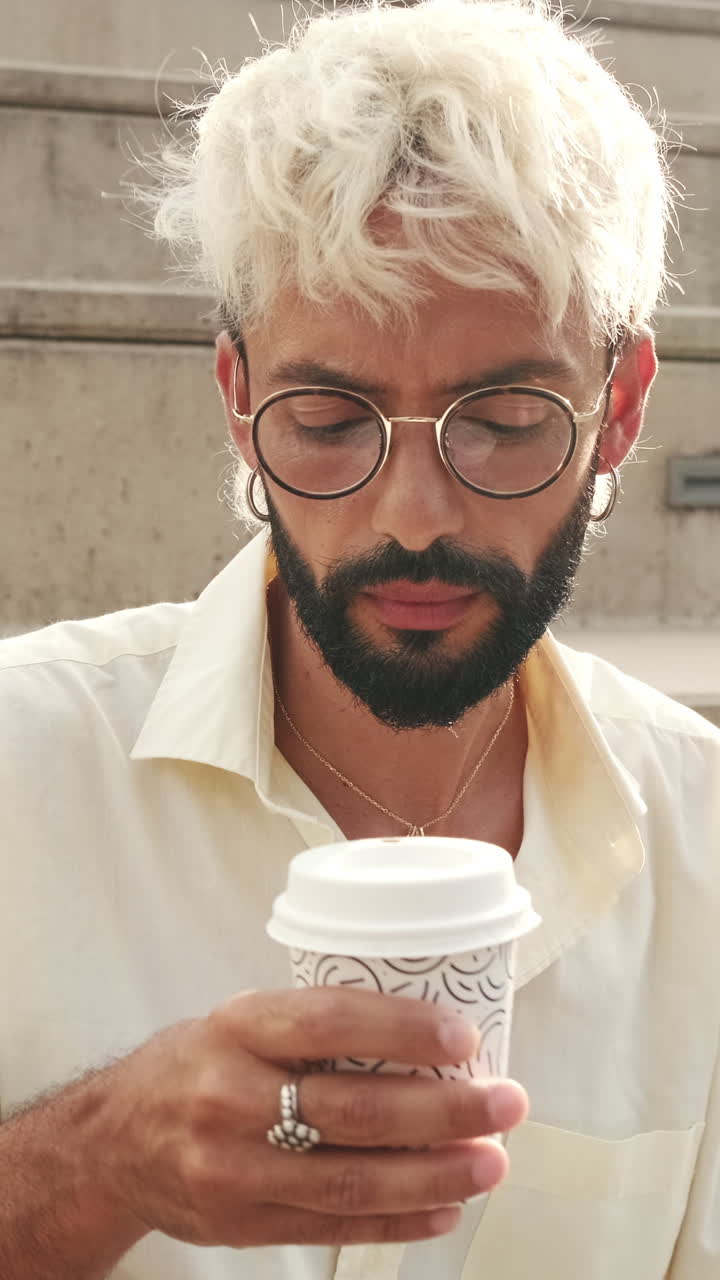Giovane uomo con i capelli decolorati che beve caffè all'aperto