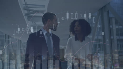 animation of financial data over diverse businesswoman and businessman walking in office