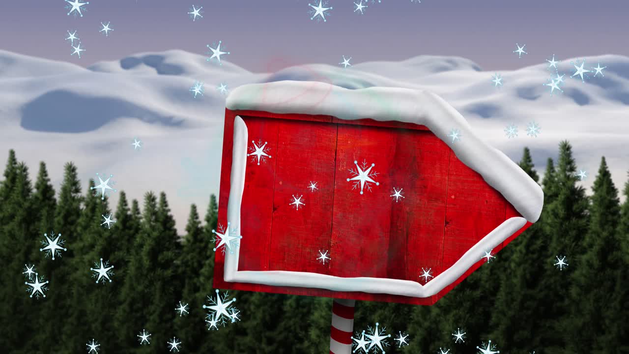 크리스마스 때 눈이 내리는 애니메이션과 스노우맨이 복사 공간과 함께 나무 표지판 위에