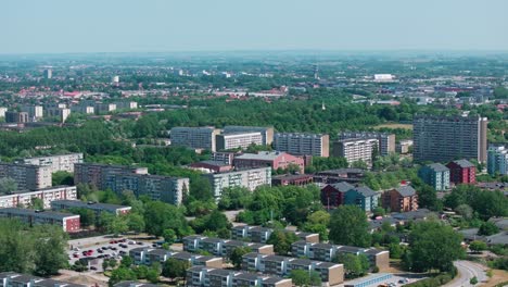 Contrast-middle-class-and-underclass,-residential-area-Malmö,-aerial-sideways