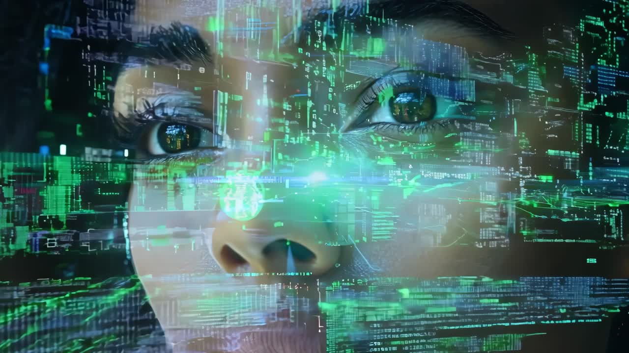 A woman with green face paint on her face. The woman is looking at the camera. The green face paint gives the impression of a futuristic or sci-fi look