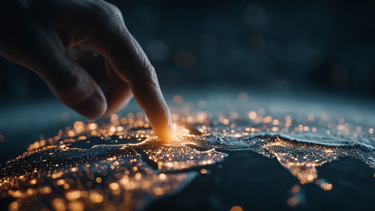 A Close-Up View of a Hand Touching a Glowing Map, Illuminating Regions with Bright Light in a Beautifully Detailed Visualization of the World