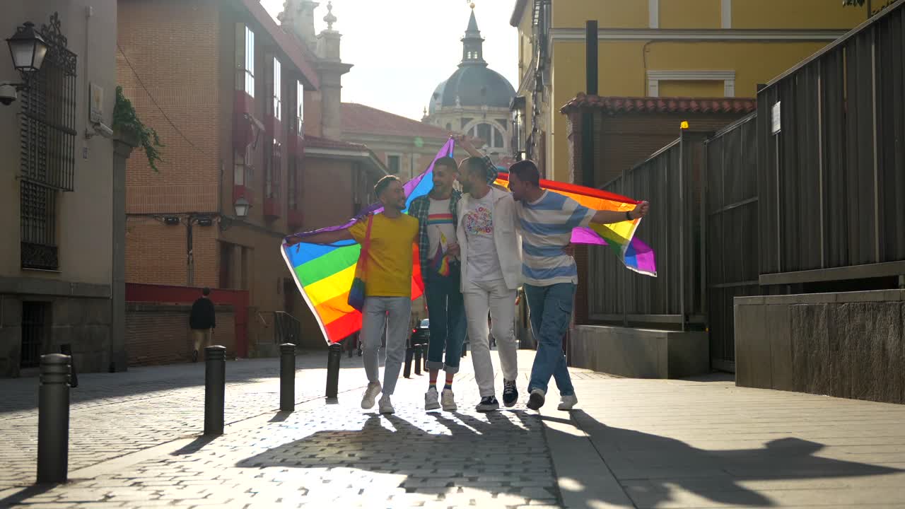Group of friends celebrating LGBTQ pride in the city