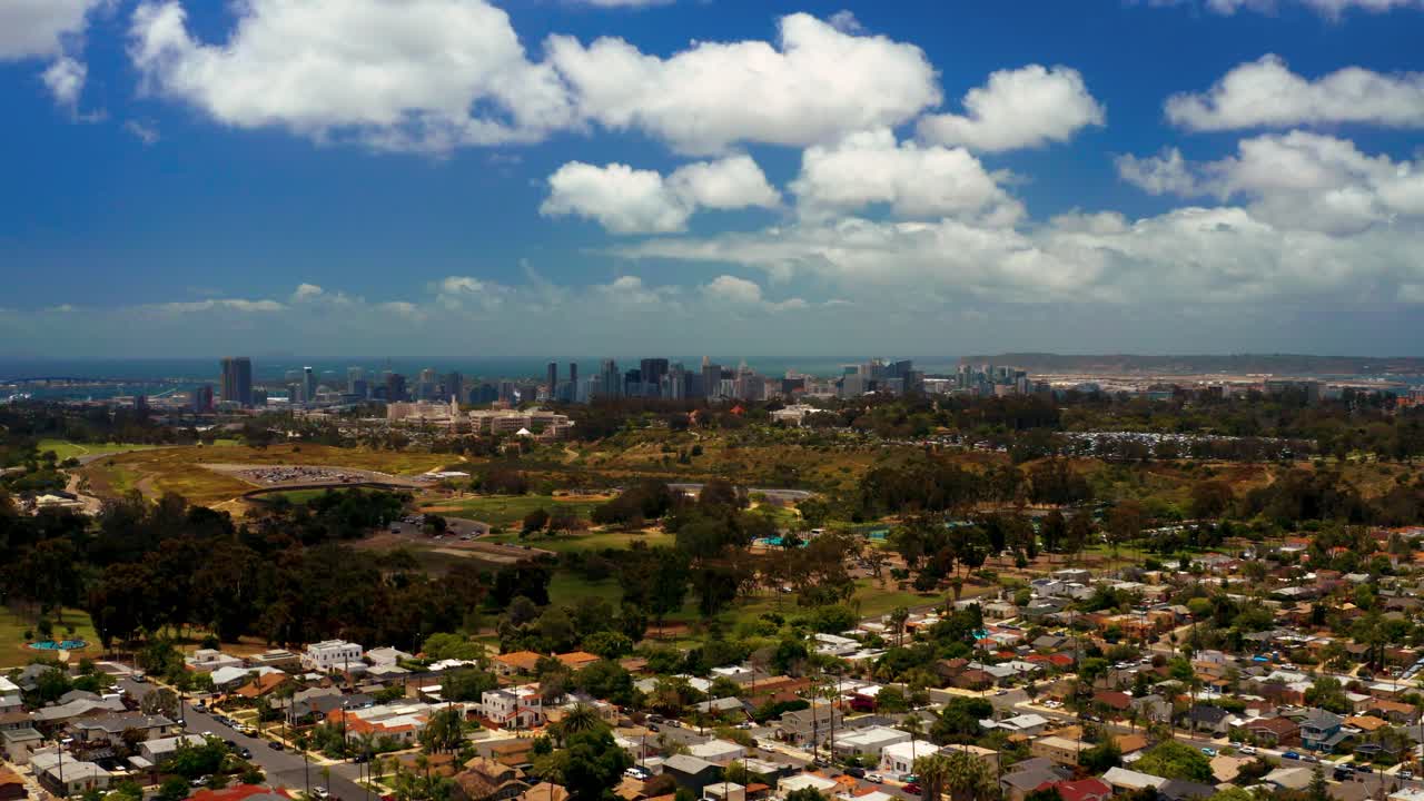 Aerial descending into North Park, San Diego with Balboa Park and the city in the background. Higher of 2