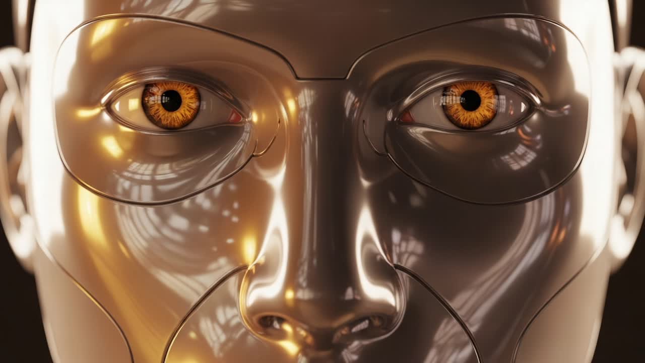 Close-Up View of a Humanoid Robotic Face Showcasing Realistic Textures and Eyes, Capturing the Essence of Advanced Artificial Intelligence and Robotics