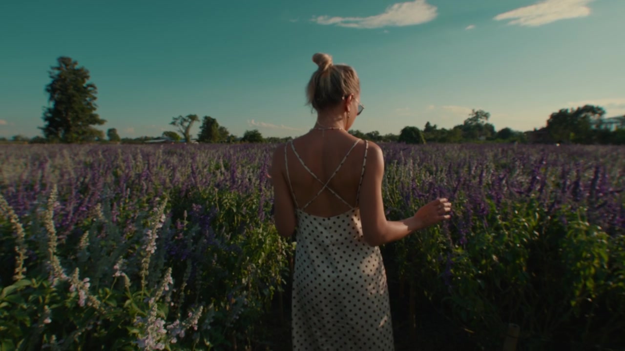 Giovane donna che cammina attraverso un campo di lavanda in fiore al tramonto.