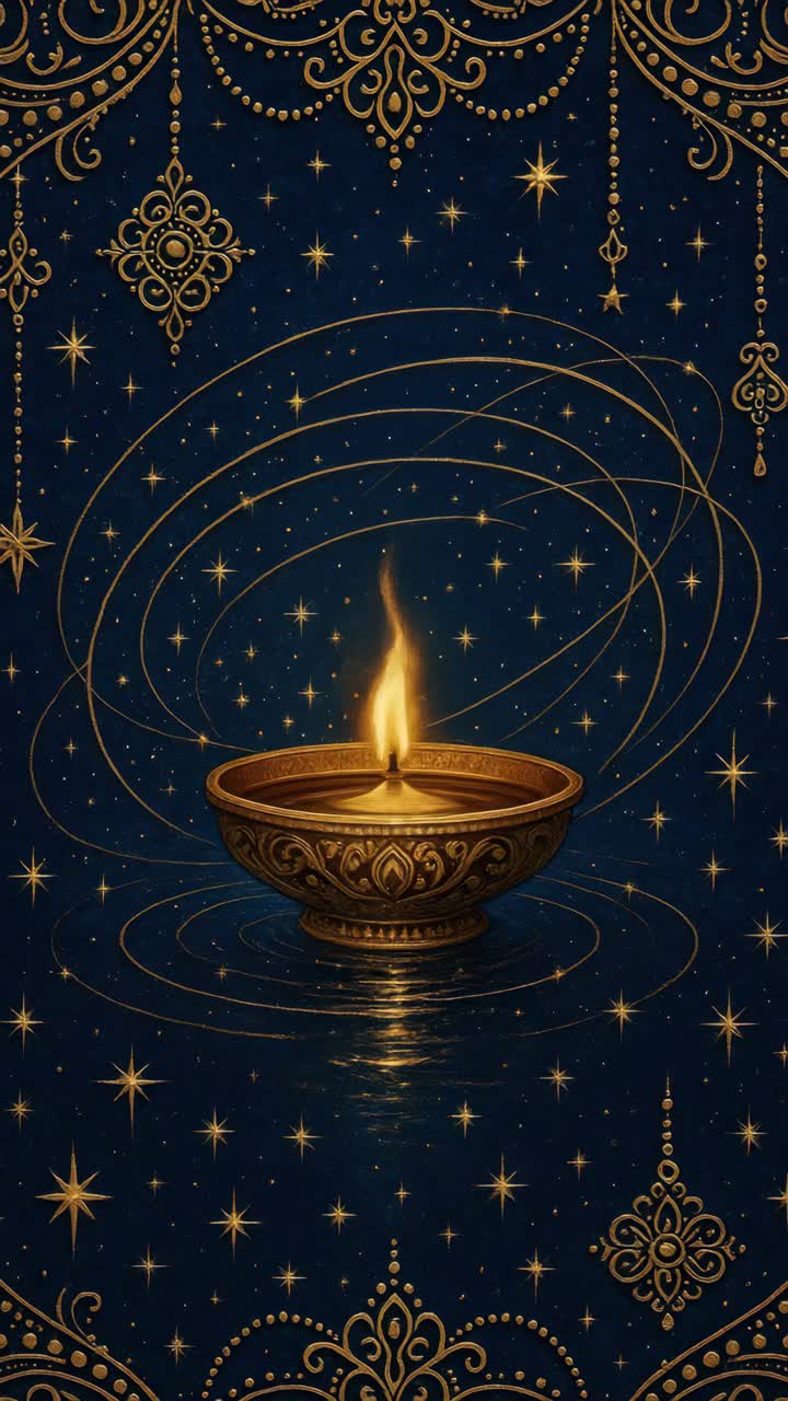 Vista aerea di un diya illuminato con motivi intricati, circondato da stelle su uno sfondo blu intenso
