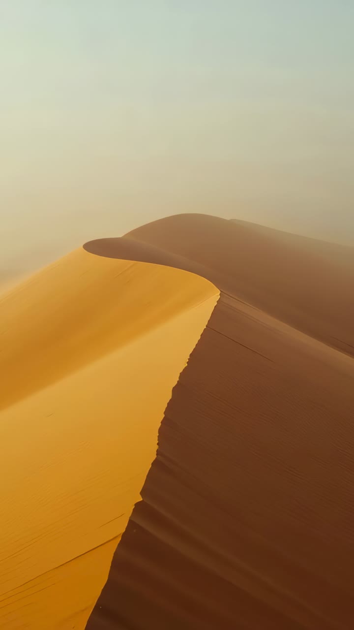 Vertical video: Gliding camera approaching dune crest in desert showing sunlit ripples, hazy ridges