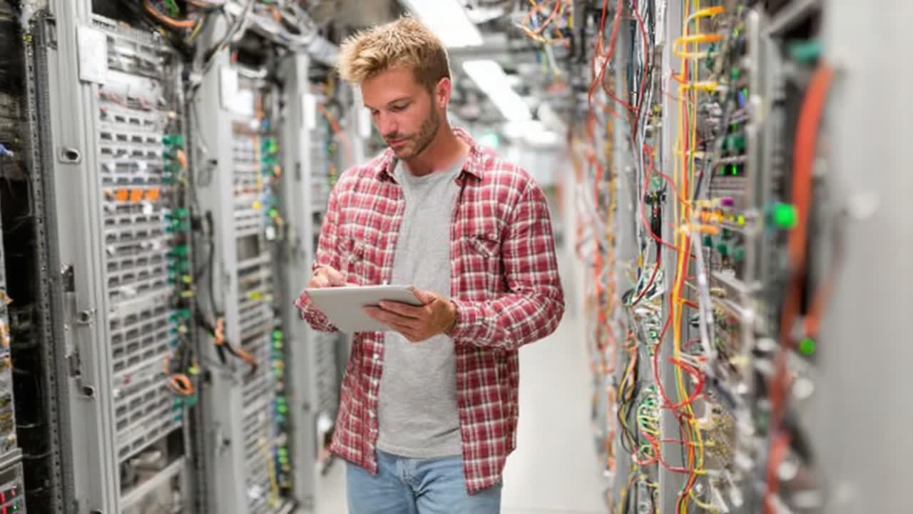 Technician Monitoring Server Room Infrastructure with a Tablet, Ensuring Optimal Performance and Maintenance in a Modern Data Center Environment