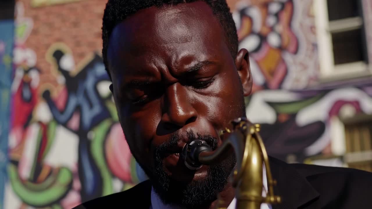 Video ravvicinato di un sassofonista che suona, che cattura la vivace street art sullo sfondo