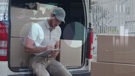 animation of statistics and financial data processing over delivery man and van