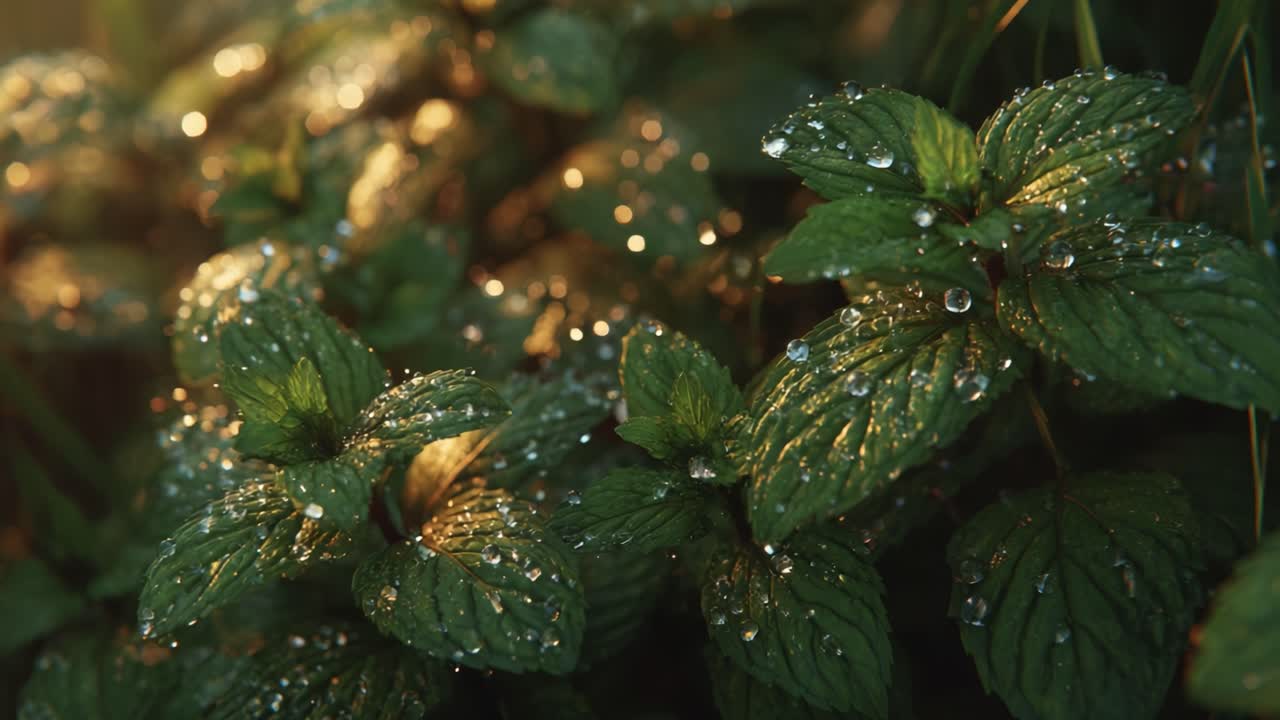 Close-Up of Dew-Kissed Mint Leaves Capturing Morning Light and Nature's Beauty in a Lush Green Environment