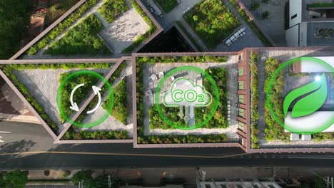 green rooftop garden in urban city