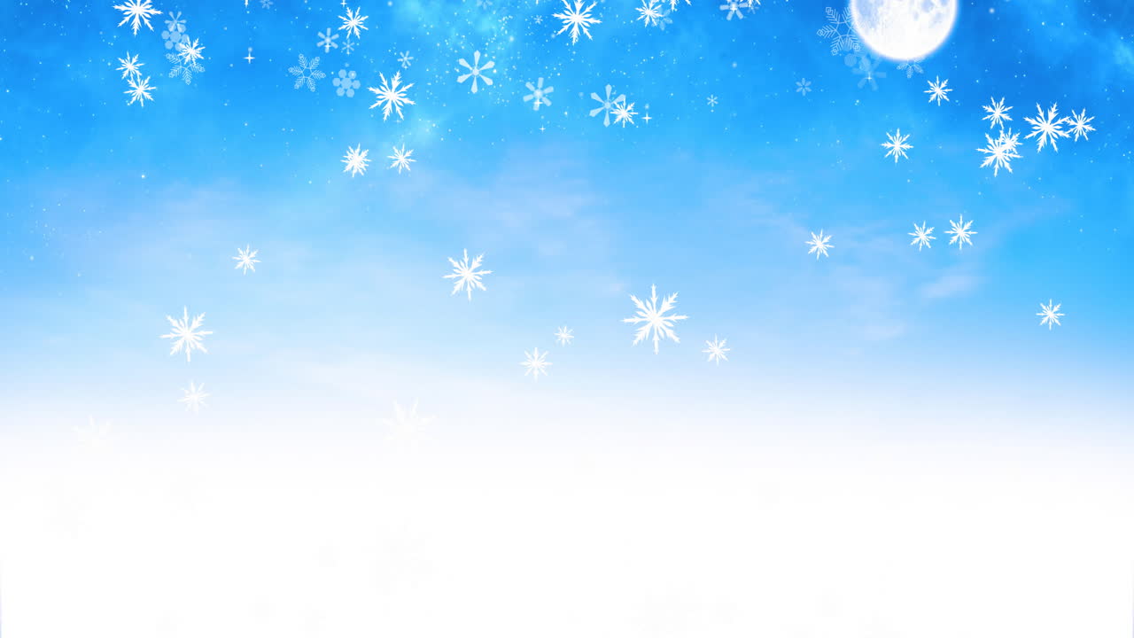 Animation of snow falling over moon on blue sky at christmas