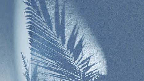 Sky-blue-textured-wall-with-palm-frond-shadow-waving-in-wind-on-back,-vertical