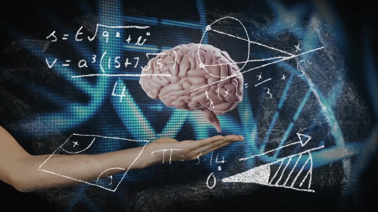 With DNA pulsing forearm sliding chalk formulas arcing brain materializing above palm for science
