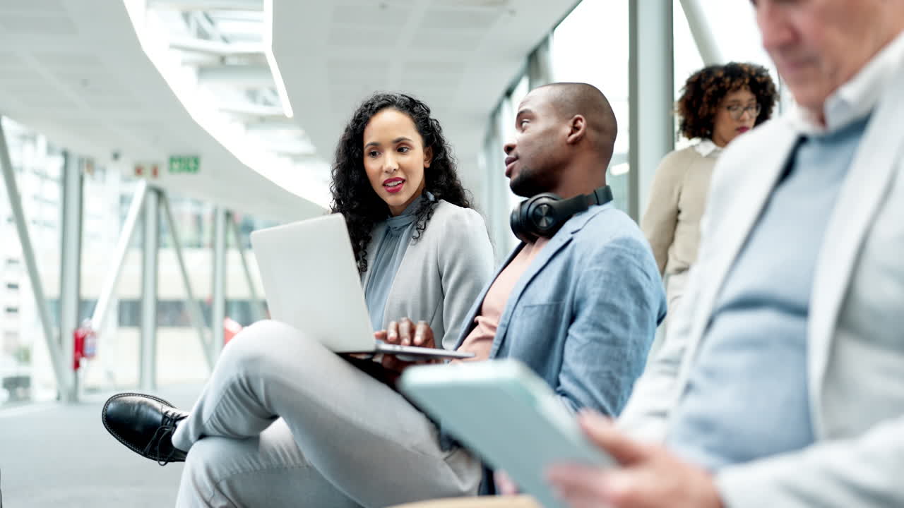 Business people, talking and working in airport