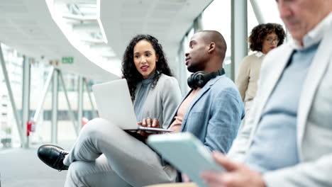business people, talking and working in airport