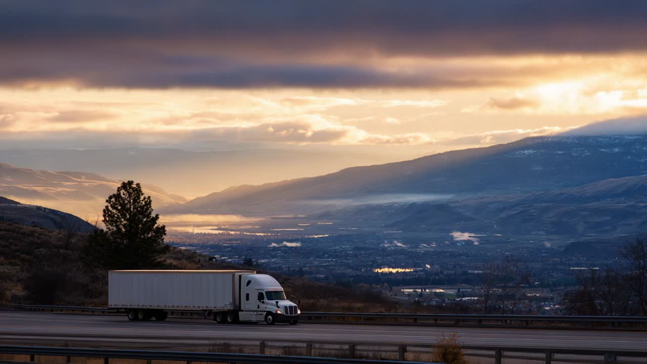 Un viaggio panoramico attraverso maestose montagne al crepuscolo: un camion percorre strade tranquille con uno sfondo mozzafiato di luce solare dorata che illumina la serena valle.