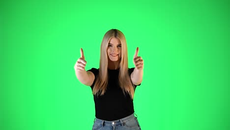 young pretty blonde woman thumbs-up gesture, ok yes hand and finger sign, green screen