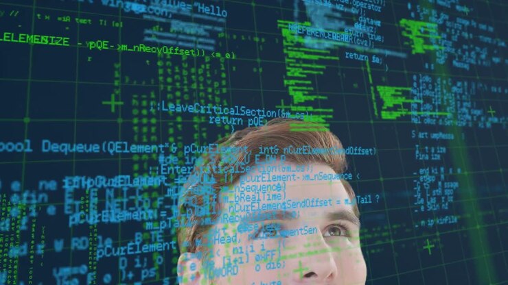 Animation of digital data processing over caucasian businessman
