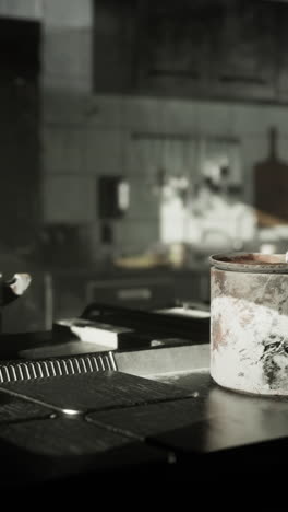 a rusty pot on a dirty stovetop in a commercial kitchen