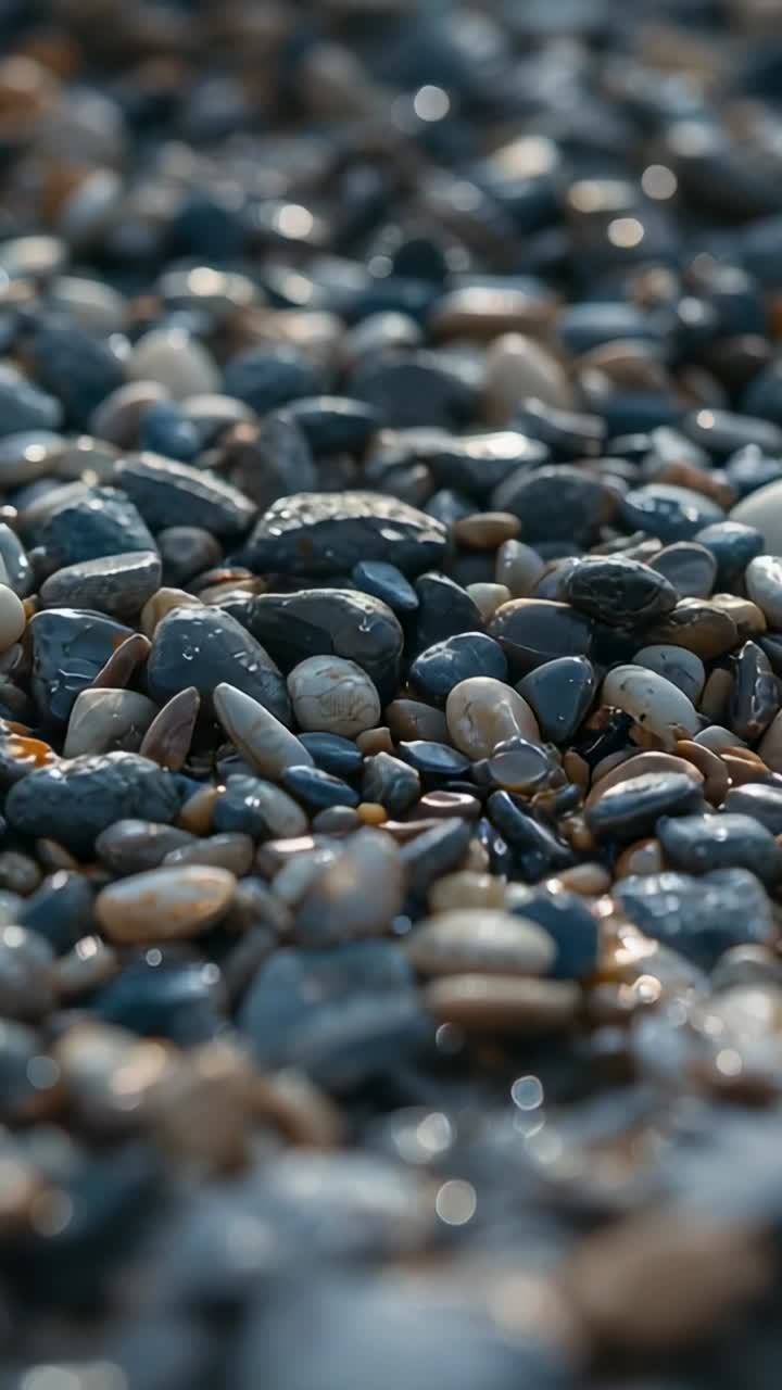 Vídeo vertical: a câmera muda o foco sobre seixos molhados na costa para mostrar detalhes em segundo plano e brilhos
