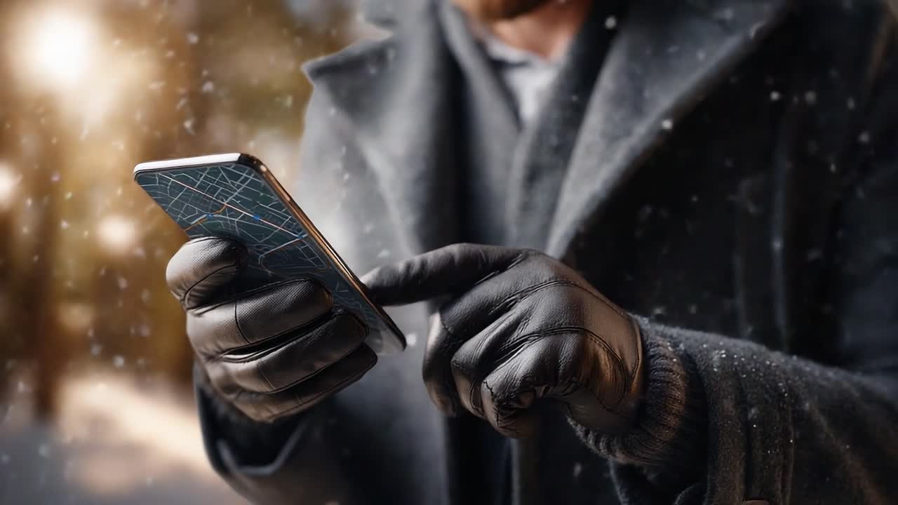 A person clad in a stylish coat and gloves navigates their phone with focus while surrounded by falling snow, capturing the essence of winter technology use