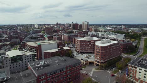 Flying-over-downtown-Portland-city-neighborhood-area-building-rooftops