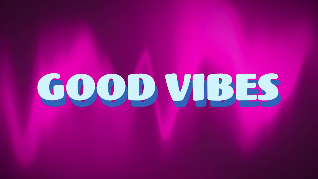 Animation of text good vibes in blue, over moving pink background