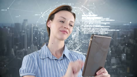 animation of a caucasian woman using a digital tablet with a globe of connections spinning