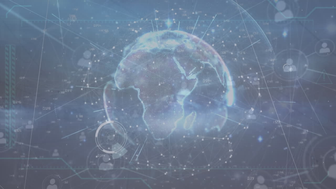 검은 바탕에 전 세계에 있는 아이콘으로 연결된 네트워크의 애니메이션