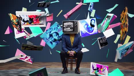 man with a tv head surrounded by falling art