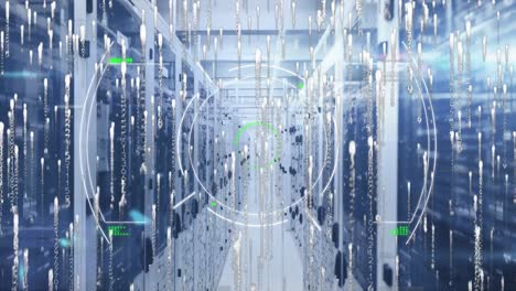 futuristic interface and computer coding with server room in background